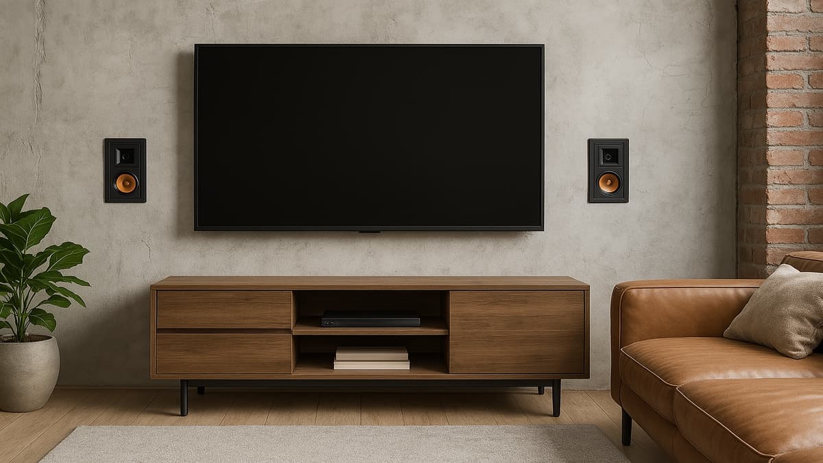 Modern living room with a wall-mounted TV and two Klipsch in-wall speakers installed on each side.