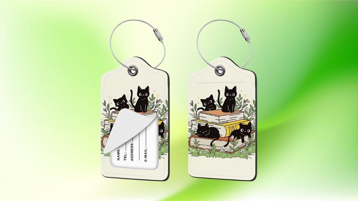 Nyixblyre 2 Pcs Luggage Tag for Suitcases, Black Cat Book Cute PU Leather Suitcase Tag Privacy Cover ID Label with Metal Loop, Personalized Baggage...