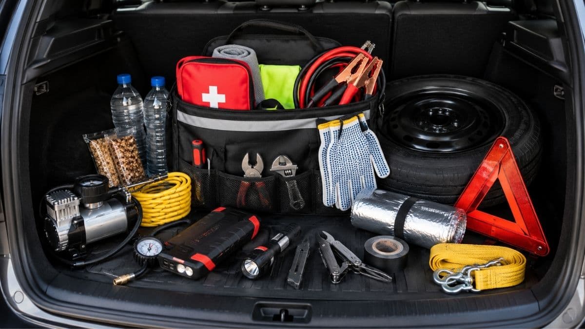 Emergency car kit essentials neatly organized
