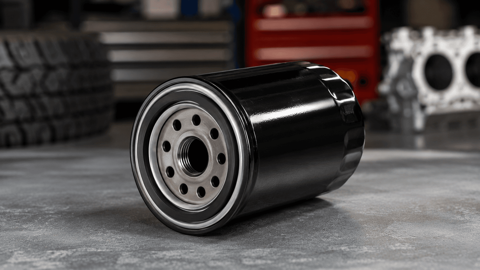 Automotive oil filter in workshop setting
