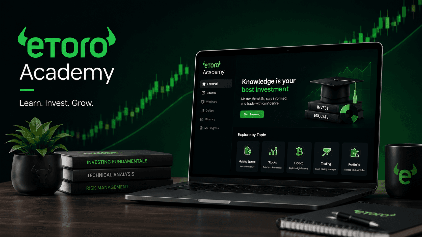 Person learning online trading through eToro Academy with charts and educational tools on screen