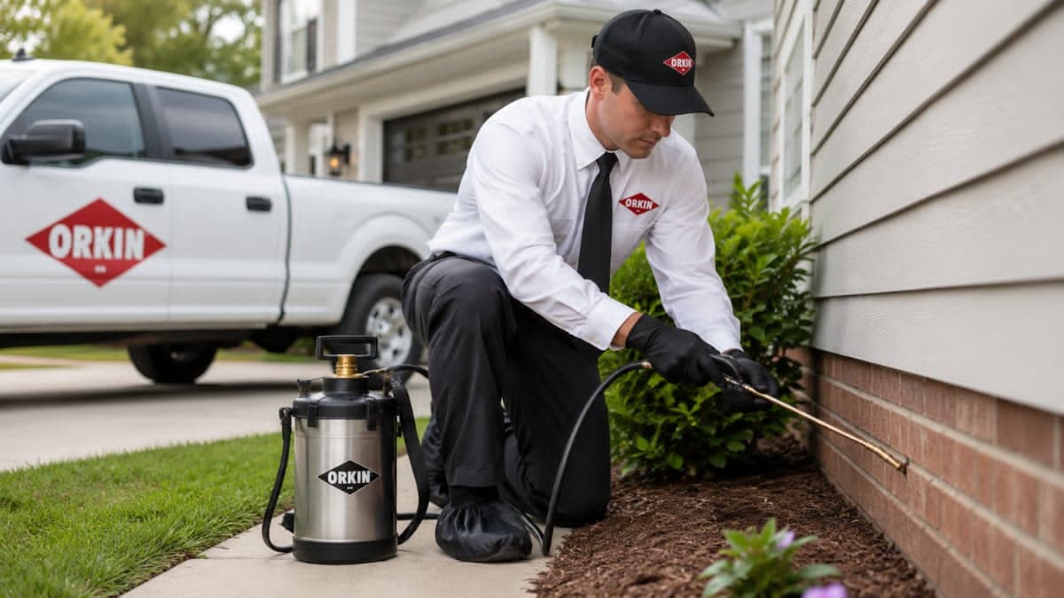 Professional Orkin pest control services technician inspecting a residential home for pest activity