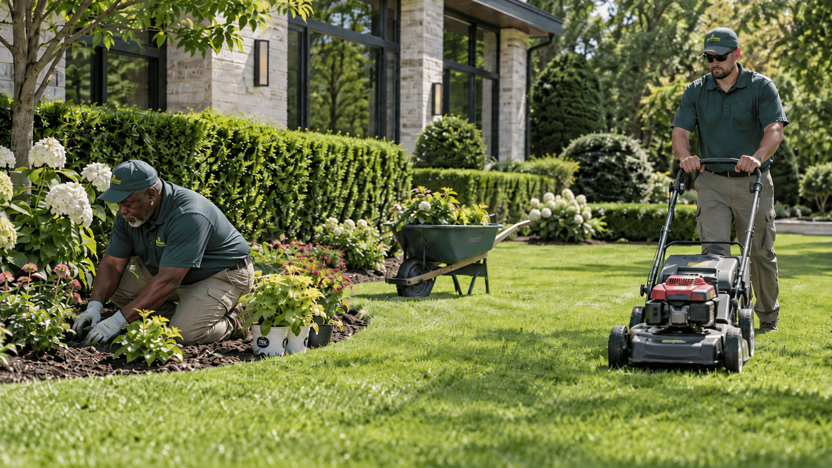 Professional landscapers maintaining a residential yard with neatly trimmed grass, plants, and outdoor landscaping features