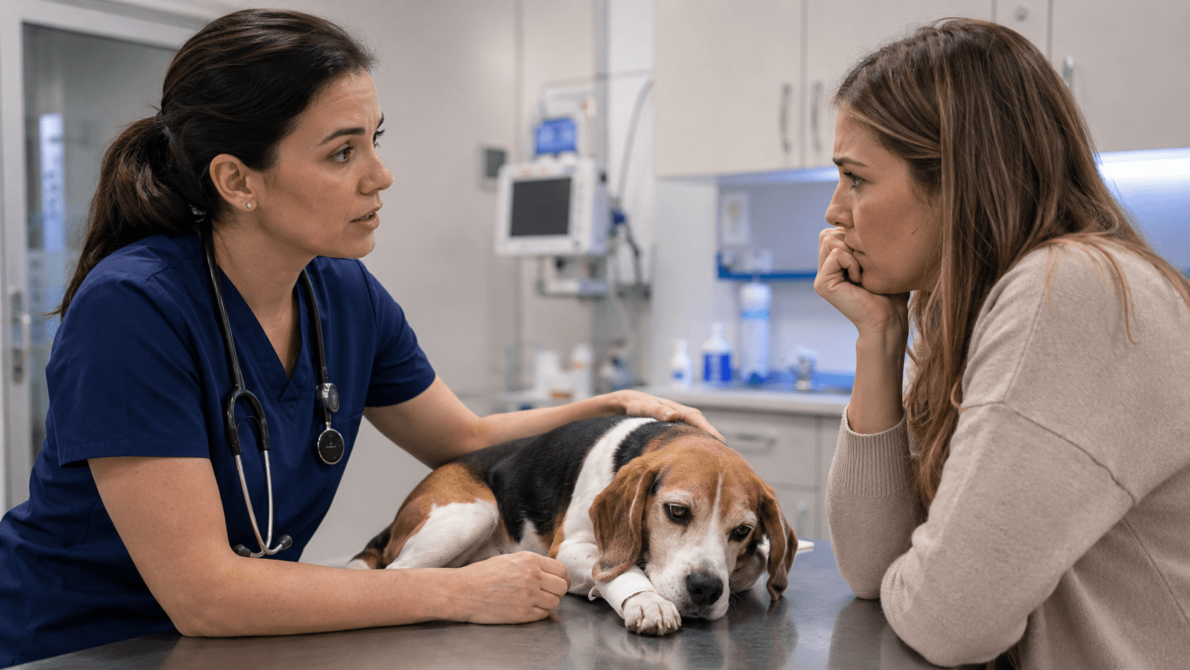 emergency veterinarian examining a pet while discussing emergency vet costs with owner